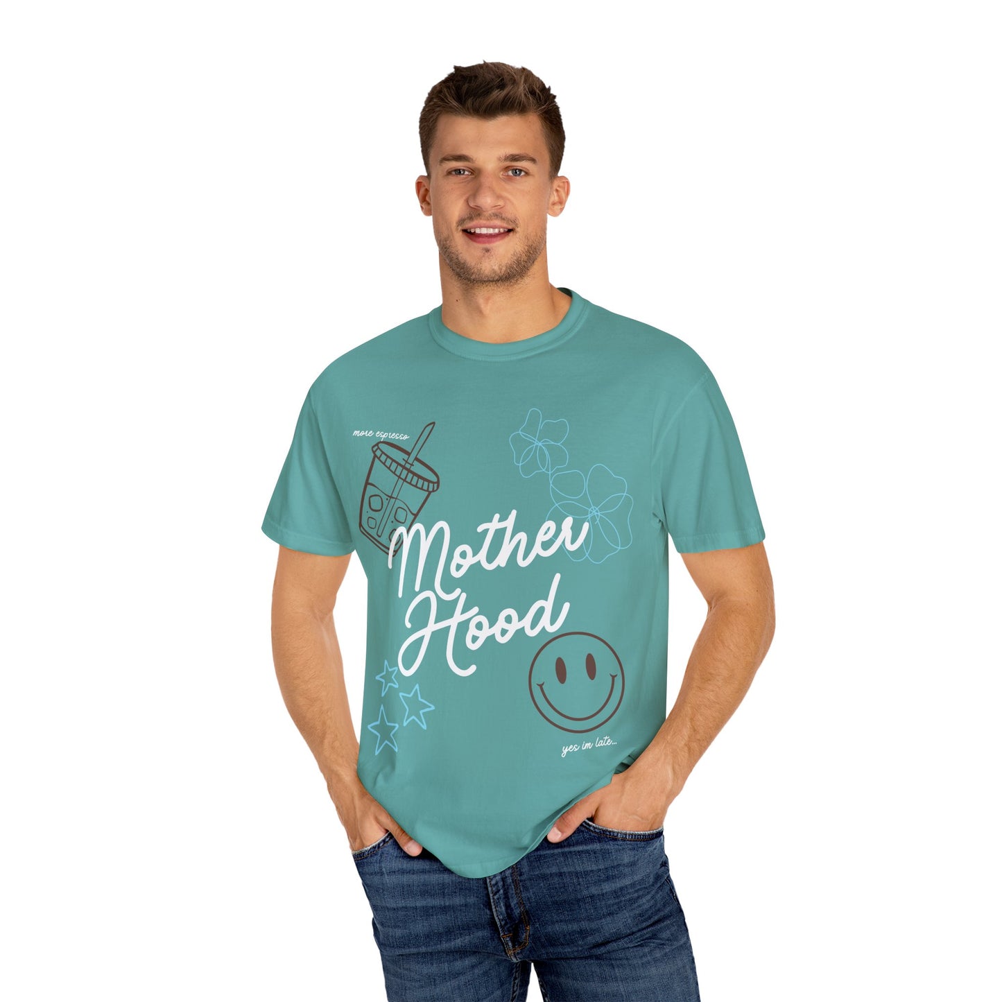 Mother Hood T-Shirt with Smiley Face and Drink Graphics, Casual Fashion, Summer Vibes, Gift for Friends, Fun Outfit
