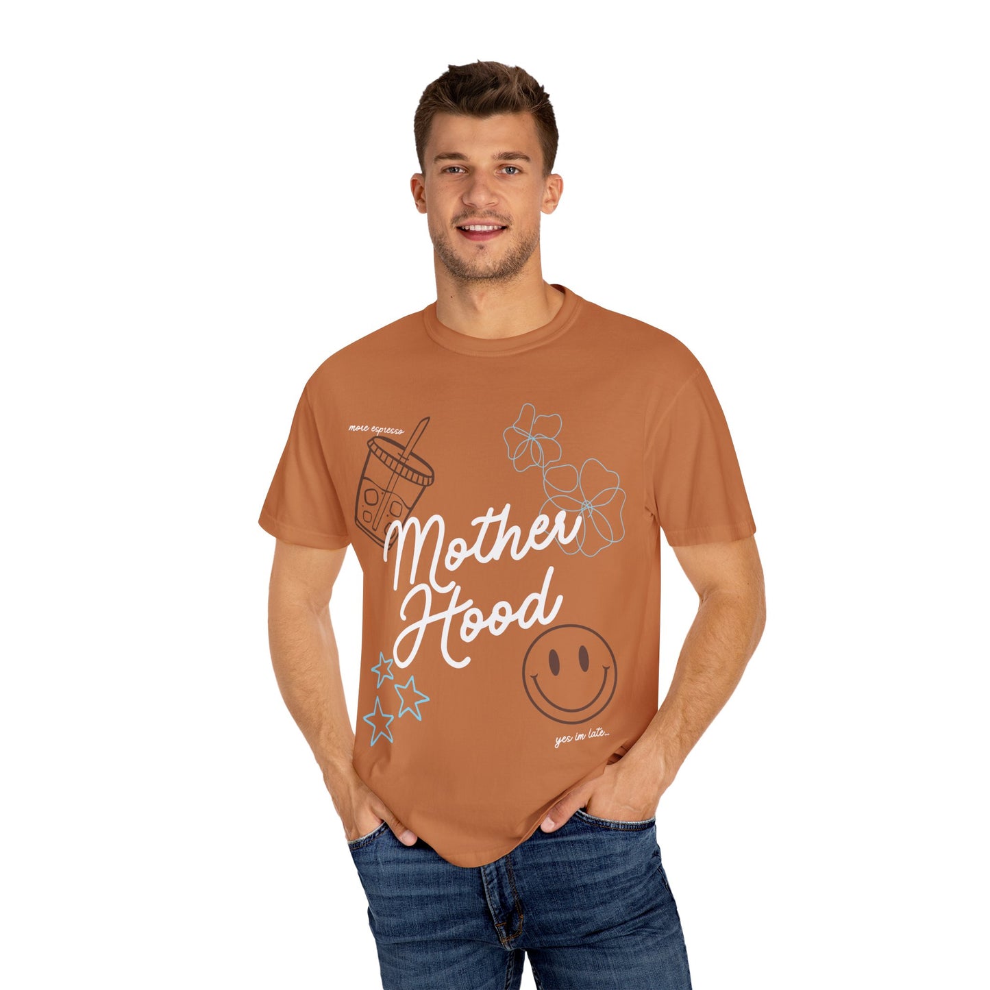 Mother Hood T-Shirt with Smiley Face and Drink Graphics, Casual Fashion, Summer Vibes, Gift for Friends, Fun Outfit