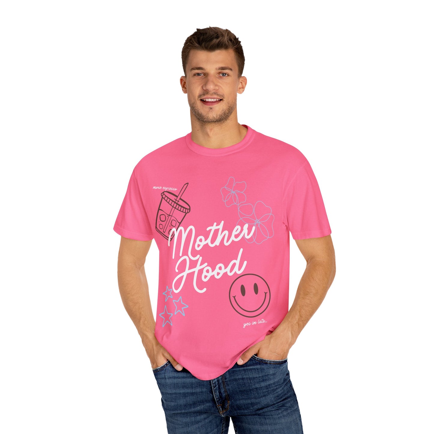Mother Hood T-Shirt with Smiley Face and Drink Graphics, Casual Fashion, Summer Vibes, Gift for Friends, Fun Outfit