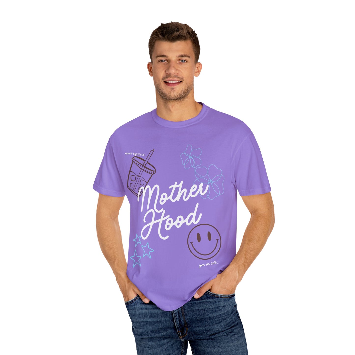 Mother Hood T-Shirt with Smiley Face and Drink Graphics, Casual Fashion, Summer Vibes, Gift for Friends, Fun Outfit