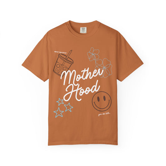 Mother Hood T-Shirt with Smiley Face and Drink Graphics, Casual Fashion, Summer Vibes, Gift for Friends, Fun Outfit