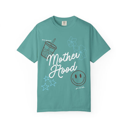 Mother Hood T-Shirt with Smiley Face and Drink Graphics, Casual Fashion, Summer Vibes, Gift for Friends, Fun Outfit