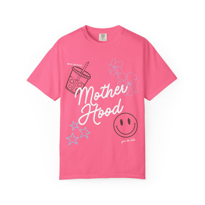 Mother Hood T-Shirt with Smiley Face and Drink Graphics, Casual Fashion, Summer Vibes, Gift for Friends, Fun Outfit