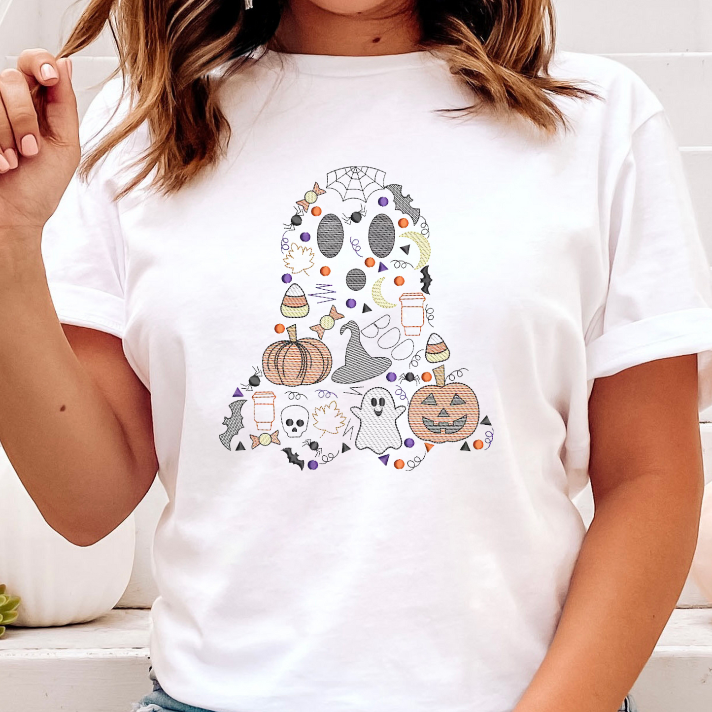 Halloween Doodle Embroidery T- Shirt