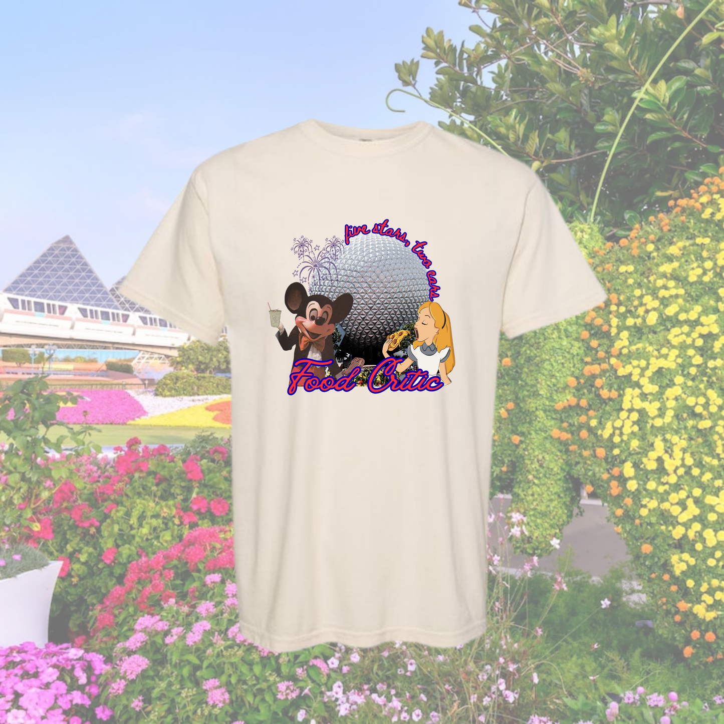 Graphic T-Shirt — 'Food Critic' Retro Theme Park Mickey & Alice Design